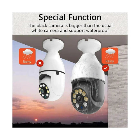 5MP PtZ Security Camera With E27 Bulb Socket Dual Band Wifi, comparing black larger camera with white waterproof model.