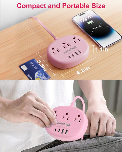 Pink Extension Cord 10 Foot Flat Power Strip With Two USB C Ports 24W Total Output Smart Charging Technology 5V 2.4A Per Port Ideal For Apple Devices Dorm Office Or Home Use. Compact pink power strip with 3 outlets and USB ports, shown next to phone and card.