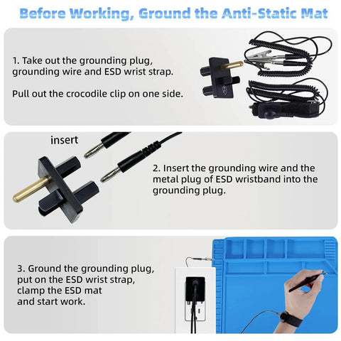 Instructions for grounding Pro Grade Large Anti Static Mat With Grounding Accessories ESD Safe Heat Resistant Silicone Soldering Mat.