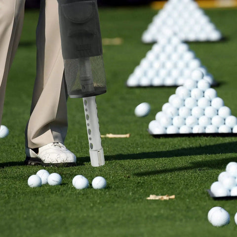 Shag Bag For Golf Balls With Detachable Aluminum Tube in use on practice green, collecting loose golf balls efficiently.