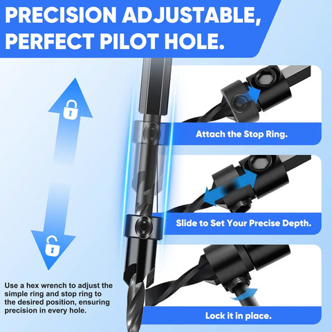 22-Piece Countersink Drill Bit Set With Tapered Wood Bits, Plug Cutter, Adjustable Depth Stop, One Quarter Inch Hex Shank