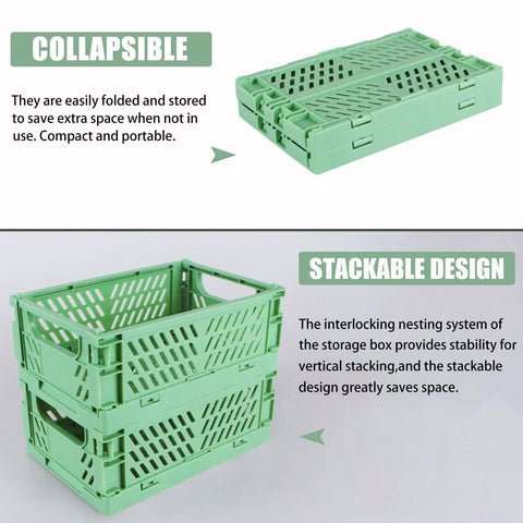 Killer Green 2 Pack Mini Foldable Plastic Baskets For Hassle Free Countertop Organization, showing collapsible and stackable designs.