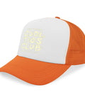 Lightweight orange and white baseball cap with mesh back, featuring 'Cool Tios Club' text, casual dad vibe style, EST 2026