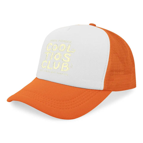 Lightweight orange and white baseball cap with mesh back, featuring 'Cool Tios Club' text, casual dad vibe style, EST 2026