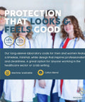 Medical team in white unisex lab coats for med pros, durable knee length cotton poly coat for doctors nurses and lab technicians