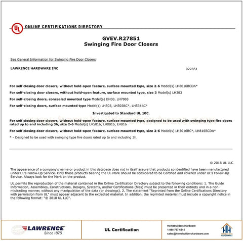 Certification directory page for swinging fire door closers by Lawrence Hardware Inc, featuring model specifications and standards.
