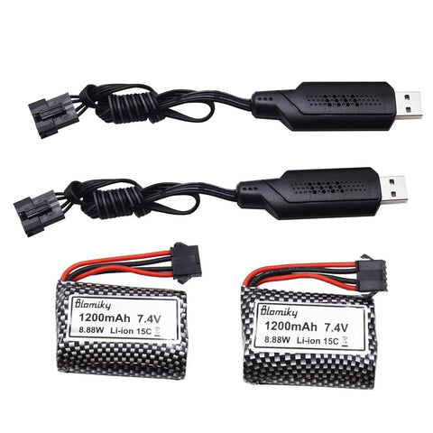 2 Pack 7.4V 1200mAh LiIon Rechargeable Battery With SM5P Plug And USB Cable For TX123 RC Boat R208 Replacement
