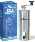 Effortless Pill Crusher For Multiple Tablets Metal Grinder And Tablet Pulverizer next to its packaging box