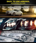 Automotive Headlight Restoration Fluid Kit For All Vehicles, showing car with polished headlights under UV light protection