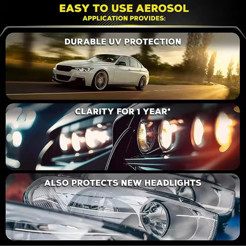 Automotive Headlight Restoration Fluid Kit For All Vehicles, showing car with polished headlights under UV light protection