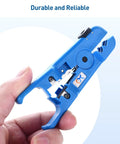 Hand holding blue Two Pack Tough As Nails Wire Strippers For Thick Wires With Adjustable Blade For 8 To 16 AWG Cables