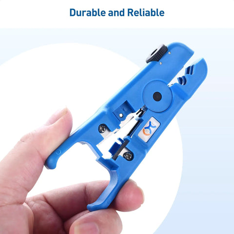 Hand holding blue Two Pack Tough As Nails Wire Strippers For Thick Wires With Adjustable Blade For 8 To 16 AWG Cables