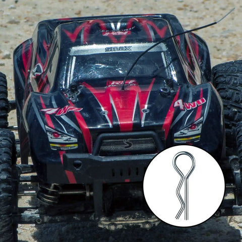 RC car with red and black design using Premium Universal Rc Body Clips 120 Pieces Stainless Steel Rc Clips Set For 1 To 10 And 1 To 12 Scale Rc Cars Trucks Buggies Shell Replacement Silver And Black Durable Heavy Duty.