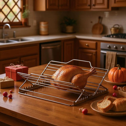 Two Piece Adjustable Roasting Racks Set For Turkey And Chicken Stainless Steel V Shaped Stand shown with turkey