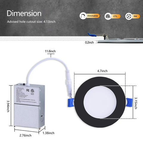 Slick 4 Inch Black Canless Recessed Lights 36 Pack Dead Simple Drop In Wafer Downlights dimensions with cutout size 4.13 inch.