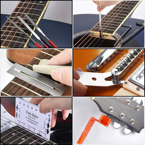 26 Piece Complete Guitar Repair Kit For Electric Guitar Bass Ukulele Mandolin Banjo showing tools for string changes and setup
