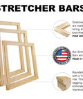 Three wooden stretcher bars in different sizes, made of knot-free pine wood, with USA emblem and rounded edge feature.