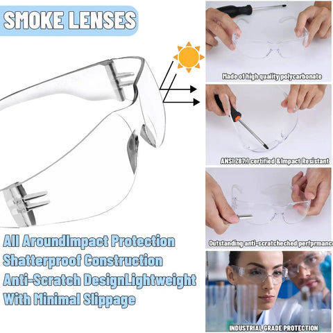 Massive 110 Pair Bulk Kit Of Clear Safety Glasses For Men And Women Featuring Hella Reliable Impact Blocking Shields That Meet Ansi Z87 One Standards For No Sweat Heavy Duty Workplace Eye Protection with clear polycarbonate lenses.