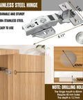 Stainless steel hinge with dimensions, showcasing installation on wooden cabinet with 40mm drilling hole instructions.