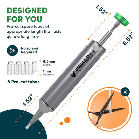Handheld No Power Needed Desoldering Sucker With Silicone Tip Self Cleaning Solder Vacuum Pump shown with pre-cut tubes