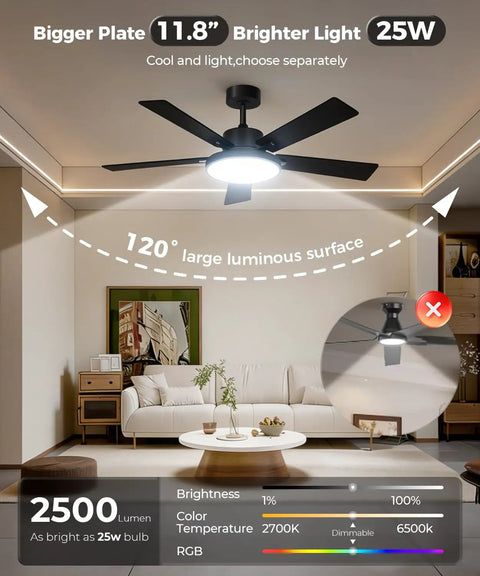 Smart 52 Inch Rgb Cw Led Ceiling Fan With Remote App Voice Control Hella Quiet Dc Motor Energy Saving Breezy Airflow Modern Living Room Bedroom Lighting In Black installed in stylish living room with large luminous surface.