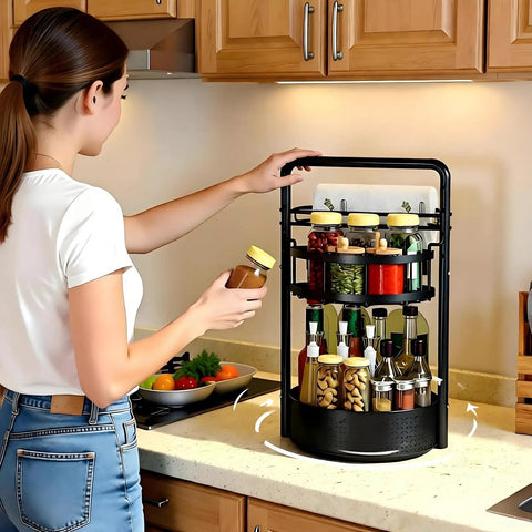 Woman using Rotating Spice Rack With Paper Towel Holder No Fuss Two Tier Lazy Susan For Spices Iron Kitchen Organizer Black Countertop Spin 360 Degree