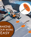 Person using No Fuss Plastic Cap Nails Paired With Heavy Duty Electro Galvanized Ring Shank Fasteners And Resilient Orange Waterproof Washers for roofing.