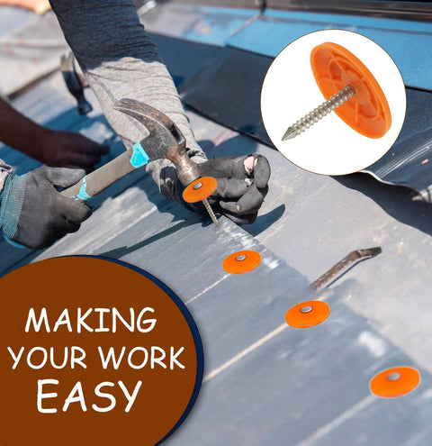 Person using No Fuss Plastic Cap Nails Paired With Heavy Duty Electro Galvanized Ring Shank Fasteners And Resilient Orange Waterproof Washers for roofing.