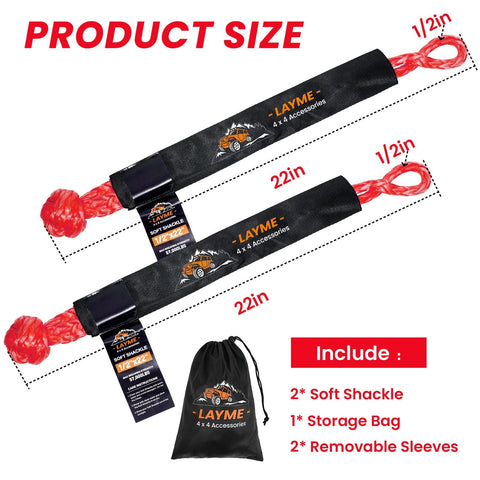 Red Half Inch By Twenty Two Inch Soft Shackle Rope For Offroad Recovery With 57000 Lbs Break Strength Beefy Heavy Duty Synthetic Shackle Kit For UTV ATV Truck And SUV, shown with storage bag and removable sleeves