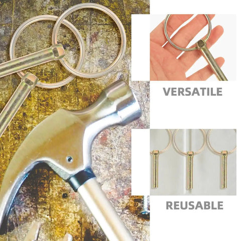 Heavy Duty Galvanized Lynch Pins With Ring Kit For Trailers And Farm Equipment, quick install trailer safety pins displayed with hammer