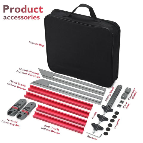 Dead On Adjustable Stair Tread Template Tool Hella Durable Aluminum Stair Scribe accessories and storage bag displayed.