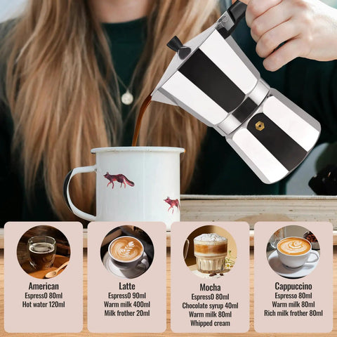 Person pouring coffee from 14 Cup Aluminum Moka Pot Stovetop Espresso Brewer 700ml 23oz Percolator Mocha Pot Greca Style.