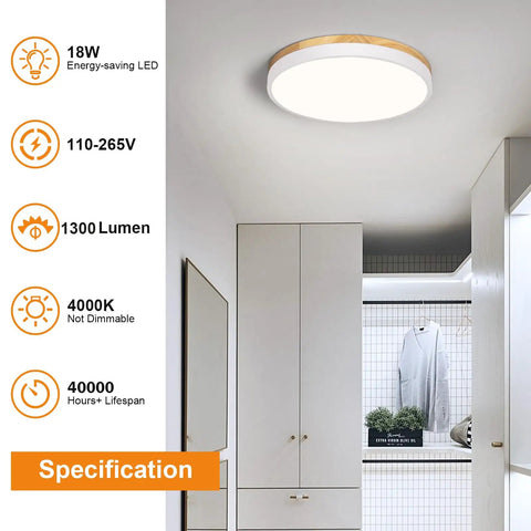 Modern Wood Trim LED Ceiling Light Fixture Sleek Round Flush Mount Not Dimmable 4000K Neutral White Glow in laundry room