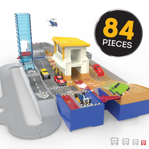Collapsible Racetrack Playset With 6 Mini Cars, 84-Piece Track Kit shown set up with race car and monster truck on tracks.