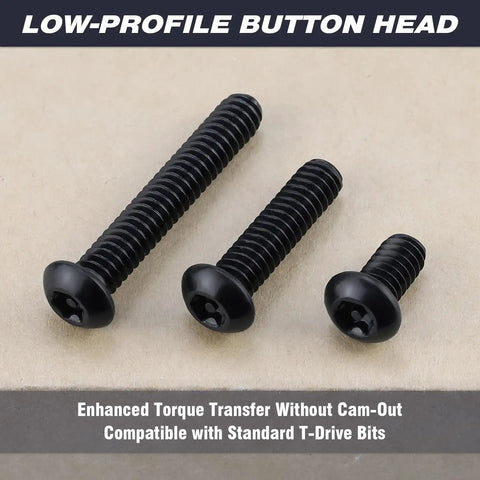 Badass M6 X 12mm Black Security Screws And Bolts 50 Pack 304 Stainless Steel Button Head Torx Pin in a low-profile design.