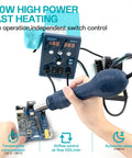 Person using Two In One Soldering And Hot Air Rework Station Kit For Electronics on circuit board, adjustable temperature setting visible