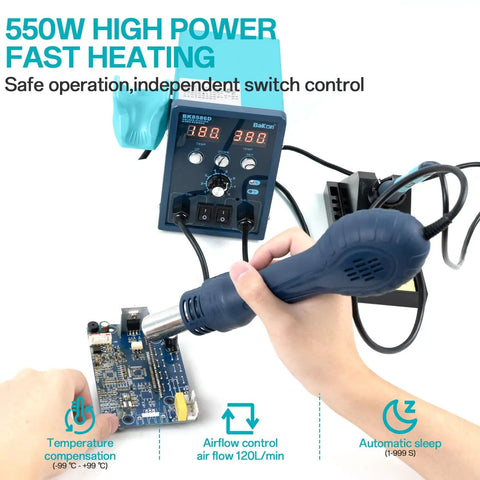 Person using Two In One Soldering And Hot Air Rework Station Kit For Electronics on circuit board, adjustable temperature setting visible