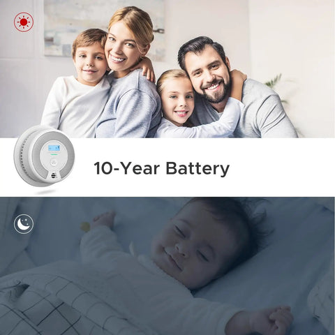 Family with 10-Year Battery 2-In-1 Smoke And Carbon Monoxide Alarm Detector With Large LCD Display UL 217 Certified