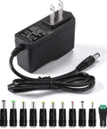 Universal 9V 2A Power Adapter With 11 Interchangeable DC Tips, 100V-240V Worldwide Input, 5.5x2.1mm Barrel, Positive Center, Delivers 18W For 0.1A-2A Devices, Fits Cameras, Small Electronics, And Home Gear; black wall adapter with cord and tips