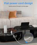 Six Foot Flat Plug Extension Cord With Three Grounded Outlets, Ultra Slim White Power Strip For Tight Corners Behind Tvs And Furniture, Straight Up No Sweat Wall Socket Setup Top Tier, showing flat cord design through narrow gaps.