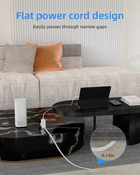 Six Foot Flat Plug Extension Cord With Three Grounded Outlets, Ultra Slim White Power Strip For Tight Corners Behind Tvs And Furniture, Straight Up No Sweat Wall Socket Setup Top Tier, showing flat cord design through narrow gaps.