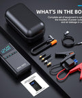 All-In-One Portable Car Jump Starter With Air Compressor, 6000A Jump Box, LED Lights, cables, case, and accessories displayed