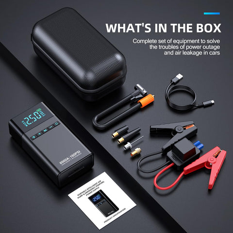All-In-One Portable Car Jump Starter With Air Compressor, 6000A Jump Box, LED Lights, cables, case, and accessories displayed