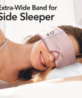 Woman using 100 Percent Mulberry Silk Sleep Mask For Women Adjustable Comfort Side Sleeper Friendly Full Blackout Eye Cover For All Night Sleep Travel Office Or Naps Pink, with extra-wide band, sleeping on side.