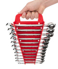 Ratcheting Wrench Set 12-Piece 8-19 Mm with Holder Included, shown being held, highlighting portability and organization.