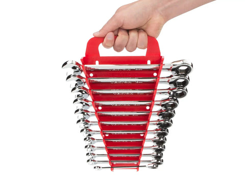 Ratcheting Wrench Set 12-Piece 8-19 Mm with Holder Included, shown being held, highlighting portability and organization.