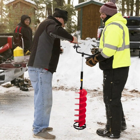 Two people using 8 Inch Nylon Ice Fishing Auger Kit With 14 Inch Extension Rod And Drill Adapter, red, on ice