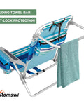 Rear view of Extra Wide 2 Pack Lay Flat Folding Beach Chairs With 5 Positions Aluminum Frame Includes Cooler Bag and Towel Bar In Blue Stripes