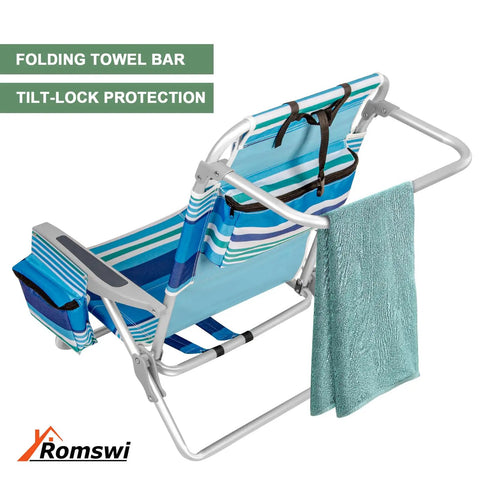 Rear view of Extra Wide 2 Pack Lay Flat Folding Beach Chairs With 5 Positions Aluminum Frame Includes Cooler Bag and Towel Bar In Blue Stripes