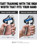 Adjustable Hand Grip Strengthener With 44 To 154 Lbs Resistance, Premium Forearm Trainer showing basic and narrow handle widths in hand
